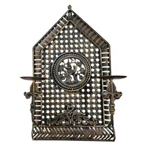 Vintage Moroccan Cast Iron Wall Sconce Candle Holder Ornate Gothic Arch Bird